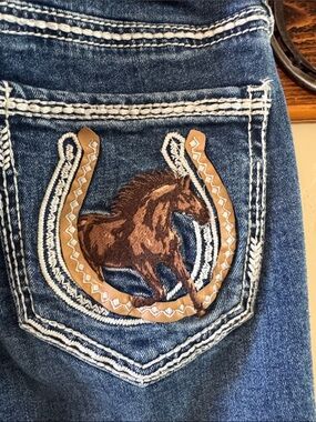 Rock & Roll Denim Horse Embroidered Pocket Flare Jeans
